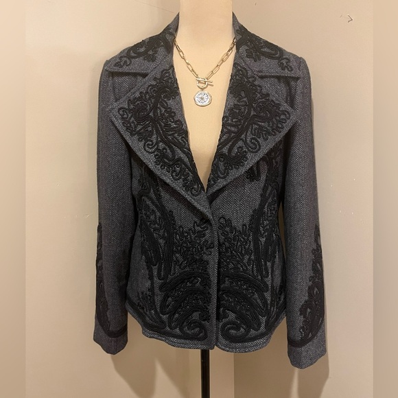 Soft Surroundings Appliquéd Herringbone Blazer Wool Blend Vintage Style Boho,Med - Picture 3 of 10